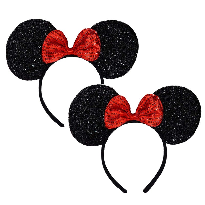 FANYITY Mouse Ears Headbands Sequin Hair Band for Girls Women Boys Party, 2 Pieces (RED) - Image 1